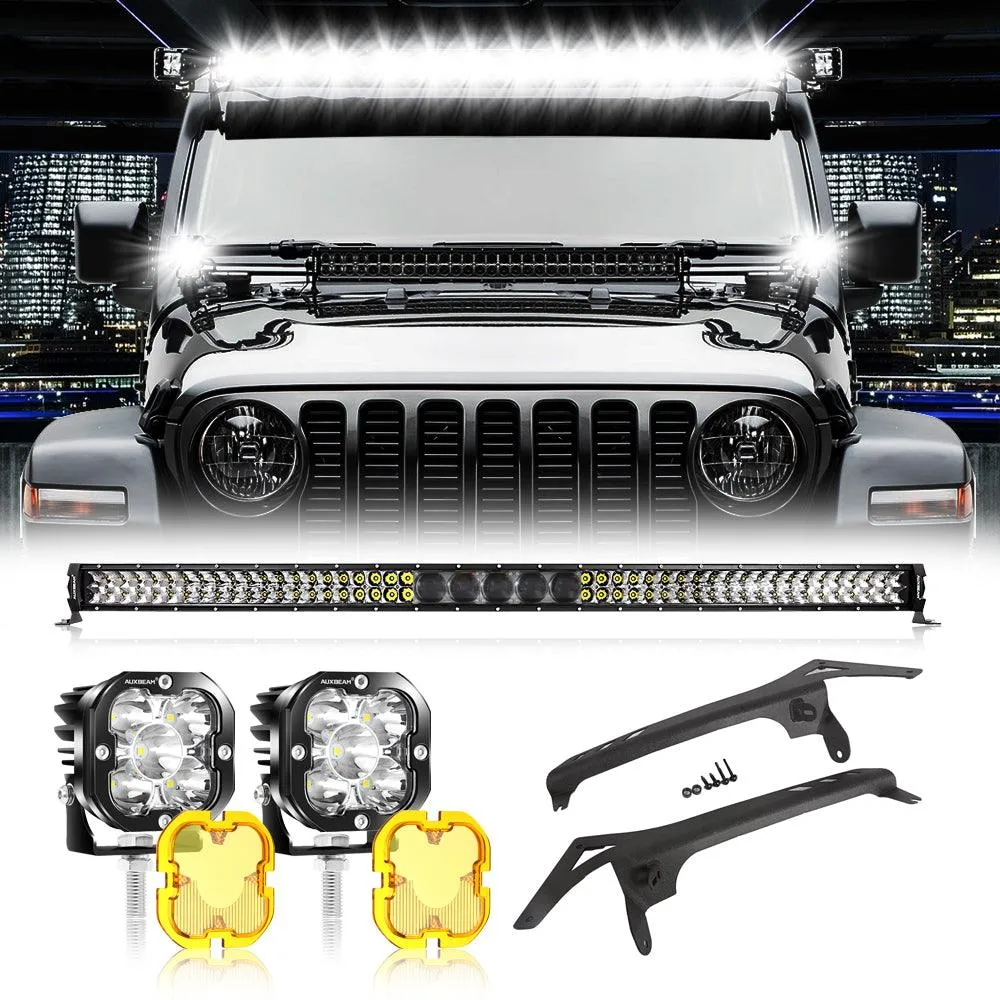 52" 5D-PRO Series LED Light Bars   3" 80W LED Pods Lights   52" Straight Light Bar 2 IN 1 Windshield Mounting Brackets for 2018-2021 Jeep Wrangler JL