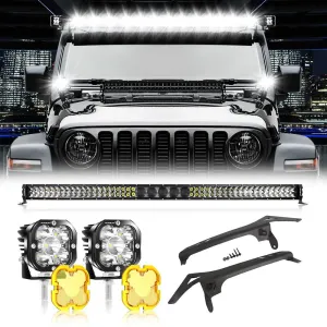 52" 5D-PRO Series LED Light Bars   3" 80W LED Pods Lights   52" Straight Light Bar 2 IN 1 Windshield Mounting Brackets for 2018-2021 Jeep Wrangler JL