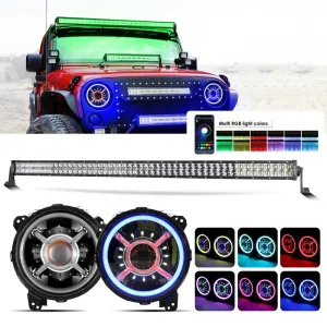 52" V-PRO Series RGBW LED Light Bar   9" Bluetooth controlled RGB Headlights with DRL for Jeep Wrangler JL JLU/ Jeep Gladiator JT
