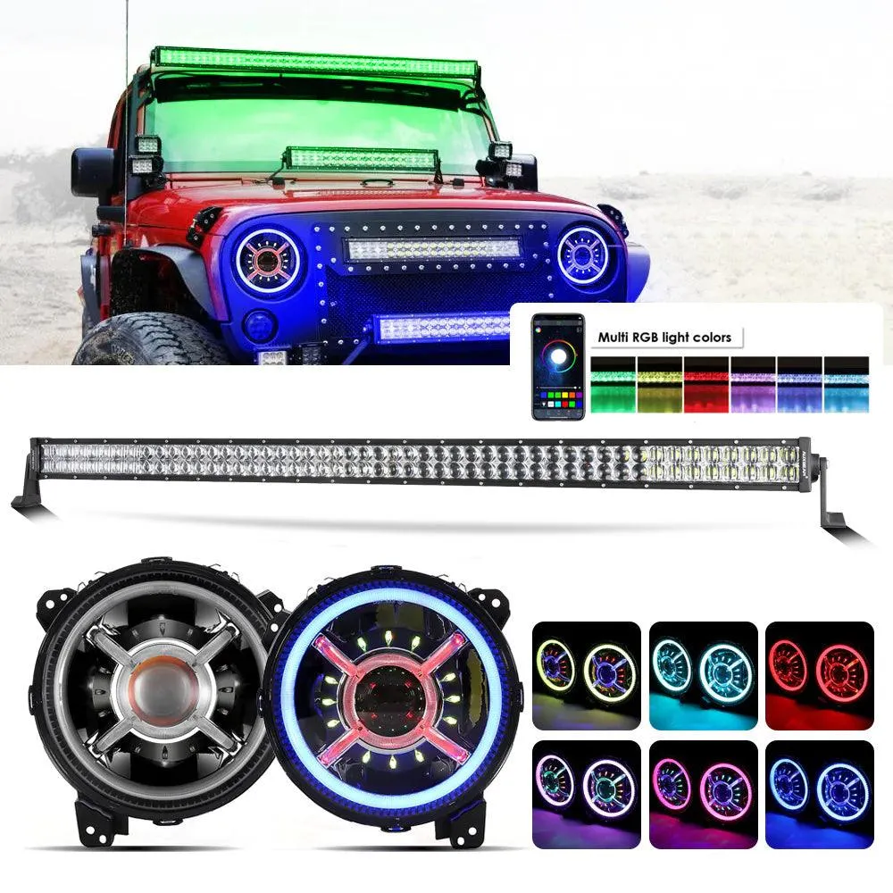 52" V-PRO Series RGBW LED Light Bar   9" Bluetooth controlled RGB Headlights with DRL for Jeep Wrangler JL JLU/ Jeep Gladiator JT
